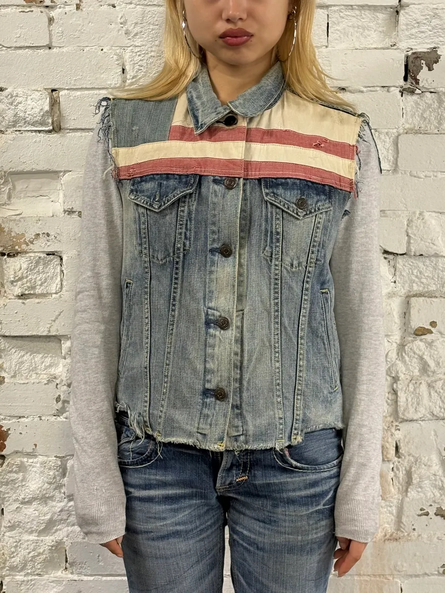 2000s Ralph Lauren USA Flag Blue Denim Vest Jacket - Image 2