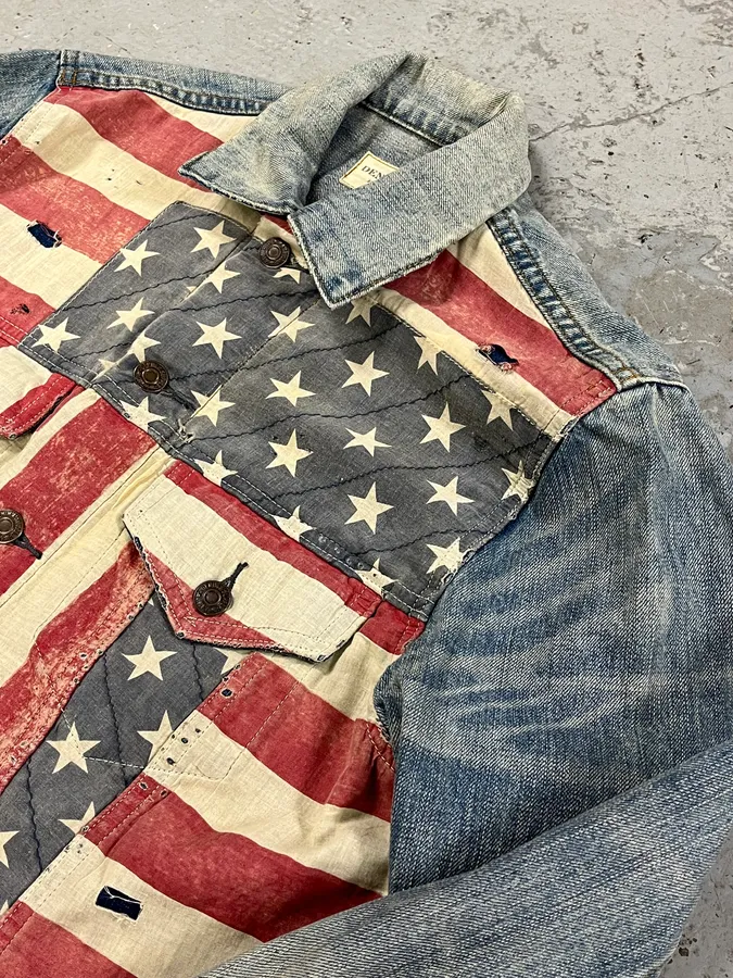 2000s Ralph Lauren USA Flag Blue Faded Denim Jacket - Image 6