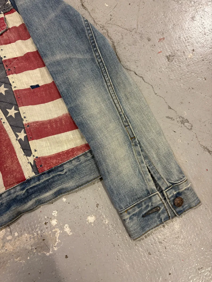 2000s Ralph Lauren USA Flag Distressed Denim Jacket - Image 10