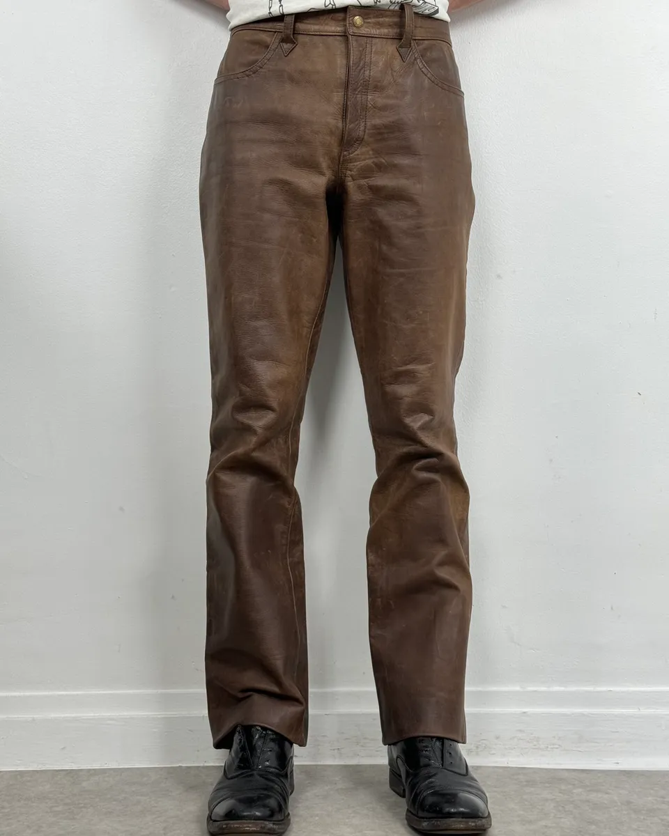 2000s Ralph Lauren Western Faded Brown Leather Pants - Image 2