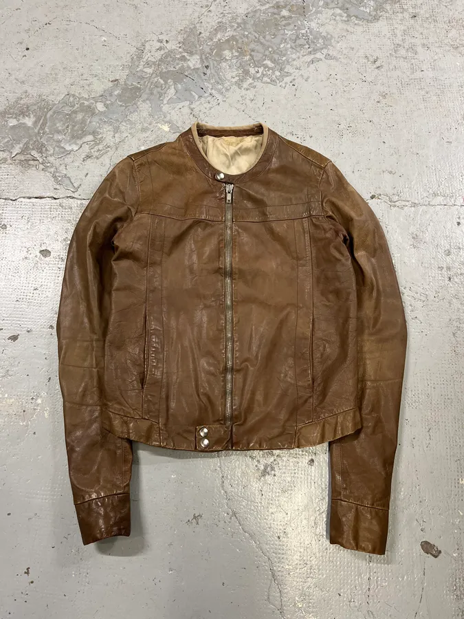 2000s Rick Owens Biker Brown Leather Jacket