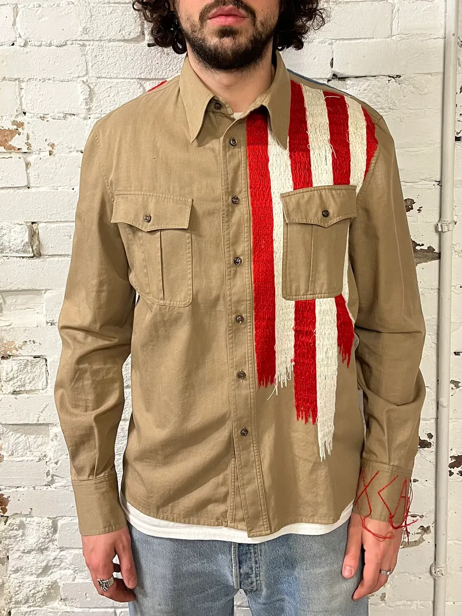 2000s Roberto Cavalli American Flag Beige Shirt - Image 3
