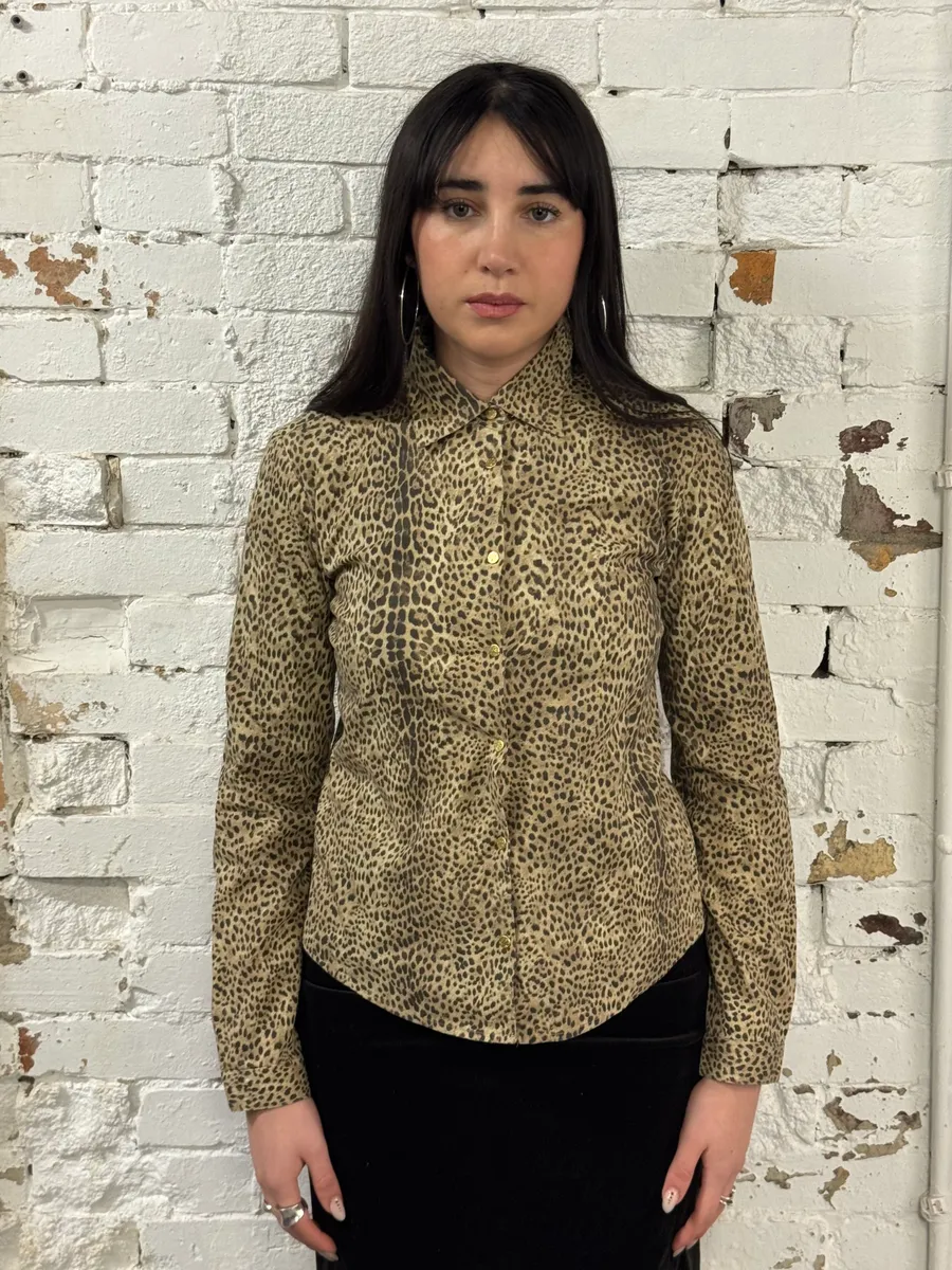 2000s Roberto Cavalli Beige & Black Leopard Shirt - Image 2