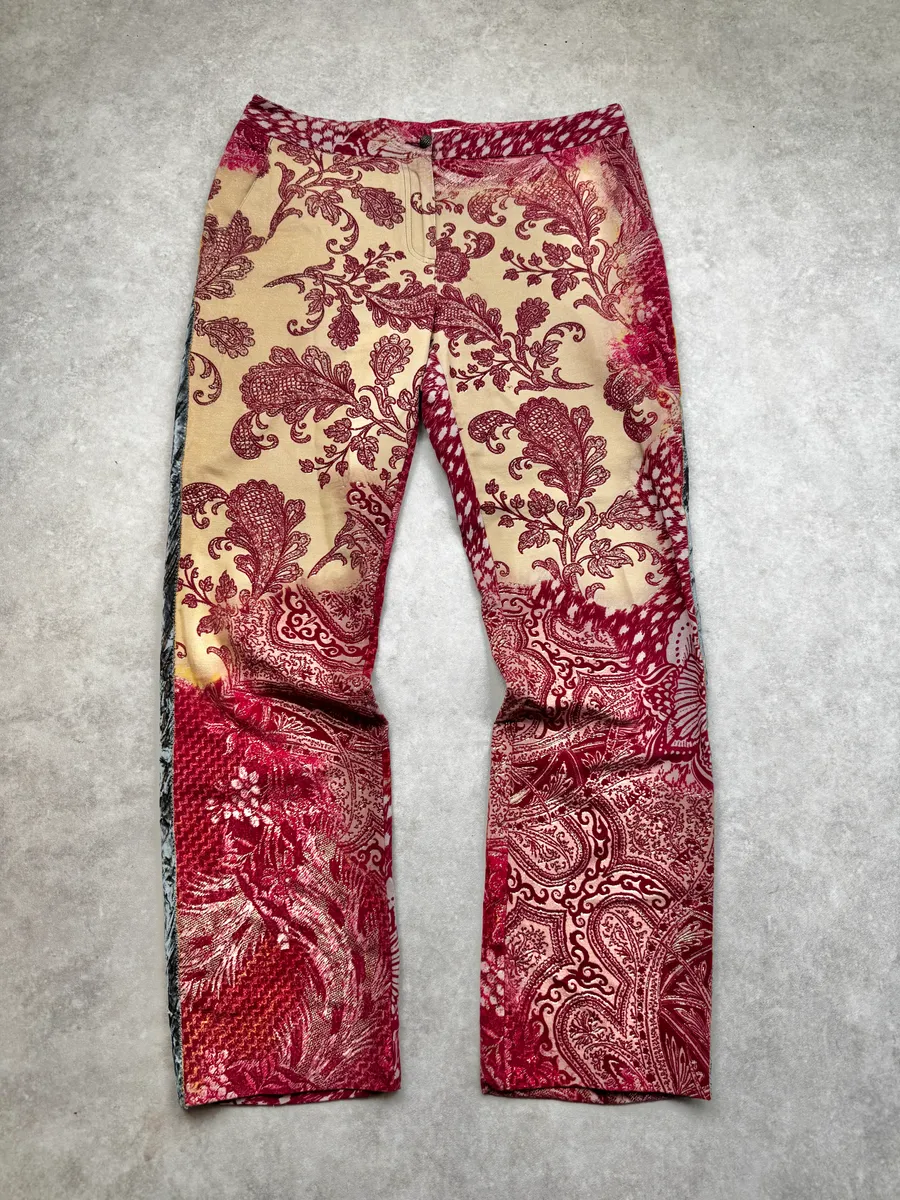 2000s Roberto Cavalli Beige & Red Paisley Floral Soft Pants - Image 4