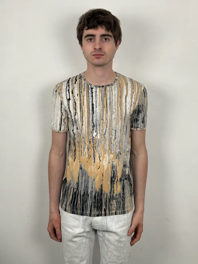 2000s Roberto Cavalli Beige Striped Abstract Painting T-Shirt - Image 2