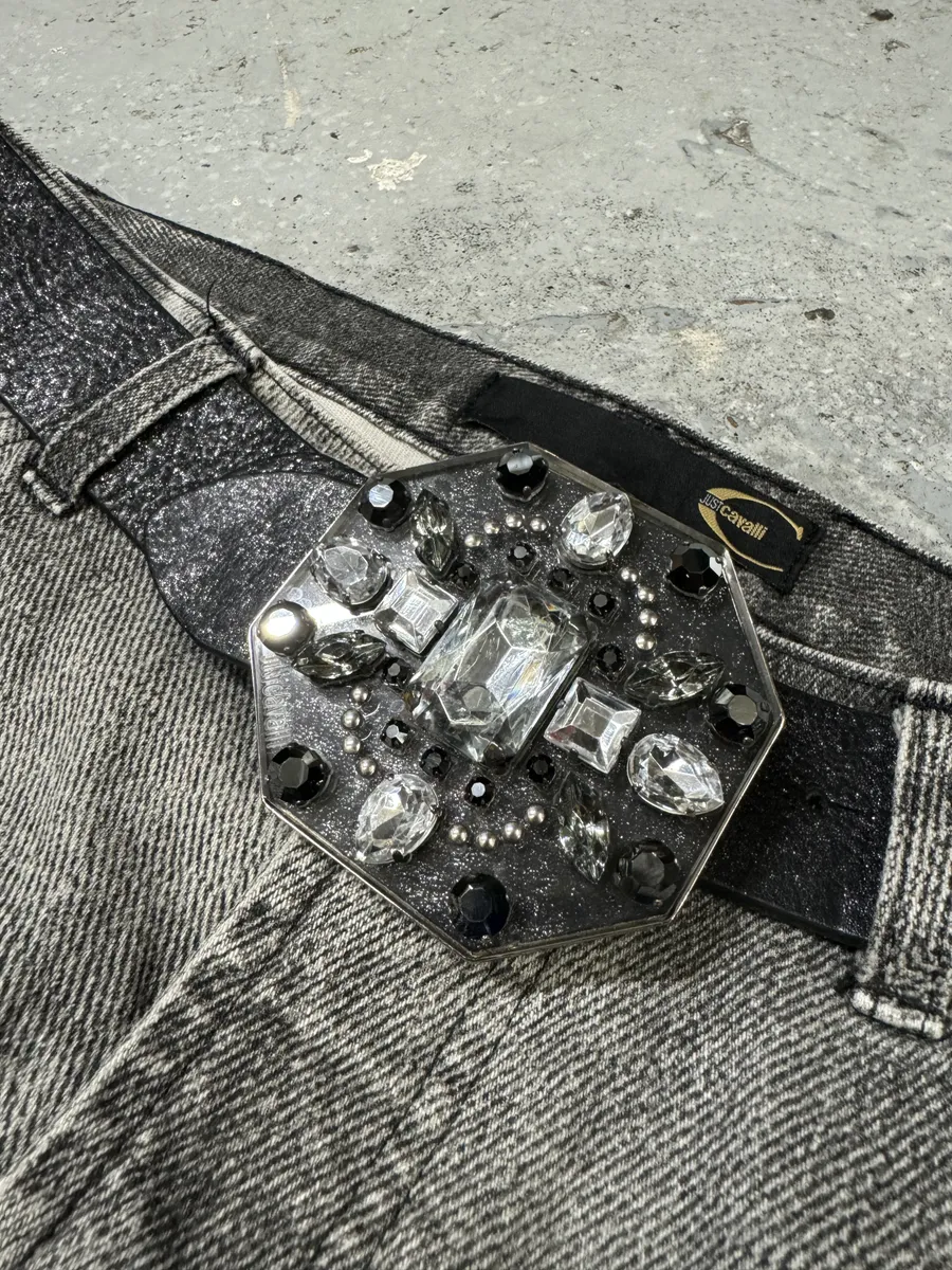 2000s Roberto Cavalli Black Embellished Buckle Leather Belt - Image 2