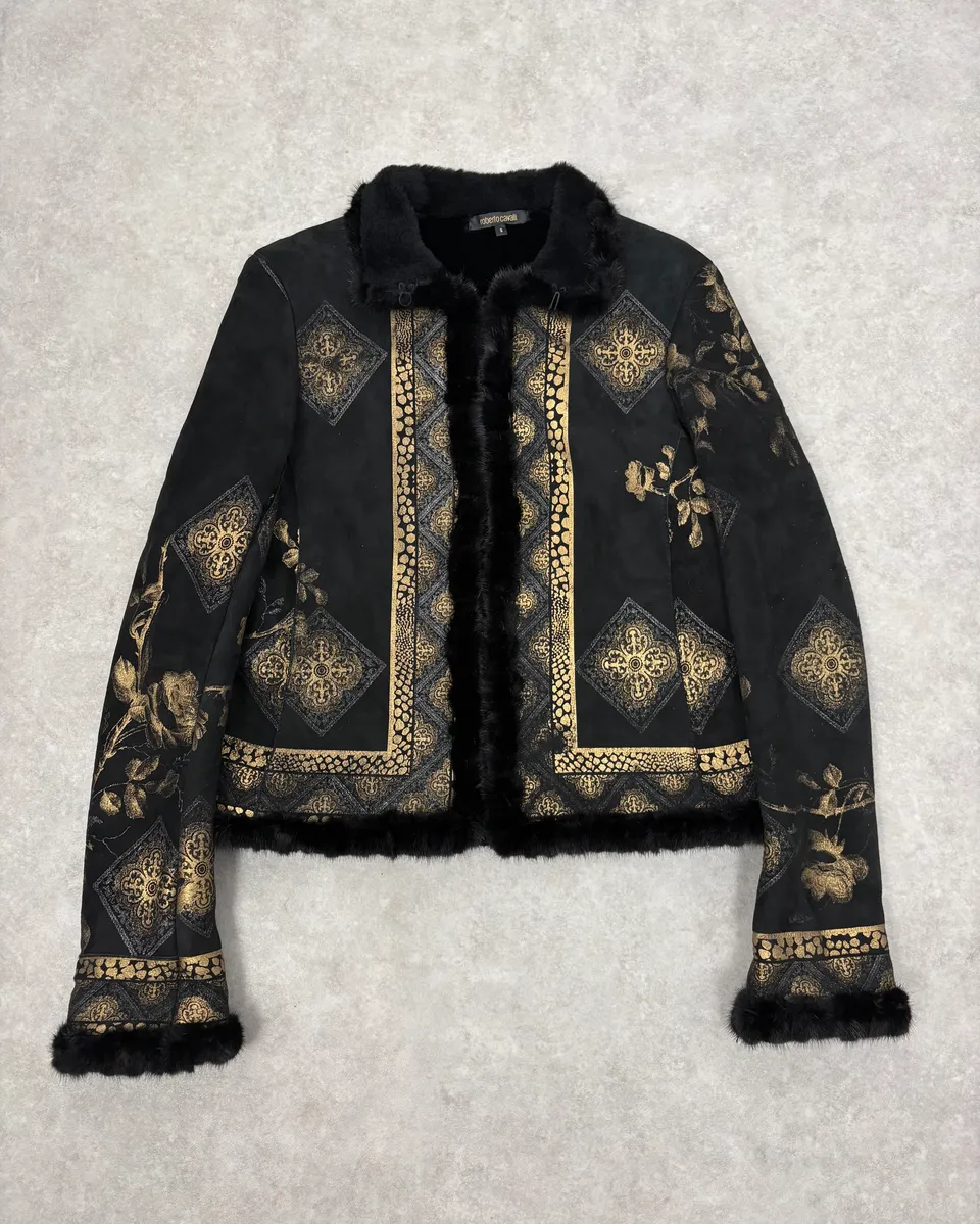 2000s Roberto Cavalli Black & Golden Royal Shearling Jacket
