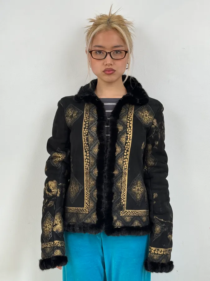 2000s Roberto Cavalli Black & Golden Royal Shearling Jacket - Image 2