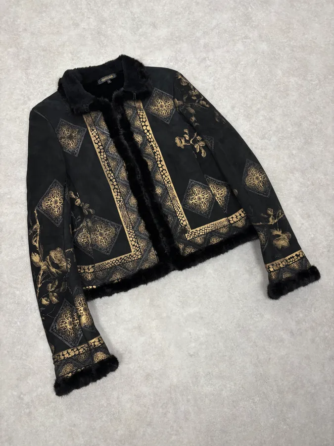 2000s Roberto Cavalli Black & Golden Royal Shearling Jacket - Image 4
