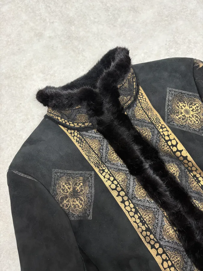 2000s Roberto Cavalli Black & Golden Royal Shearling Jacket - Image 8