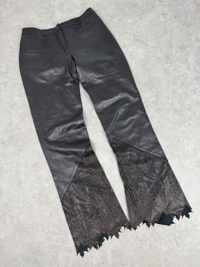 2000s Roberto Cavalli Black Leather Distressed Pants - Image 5