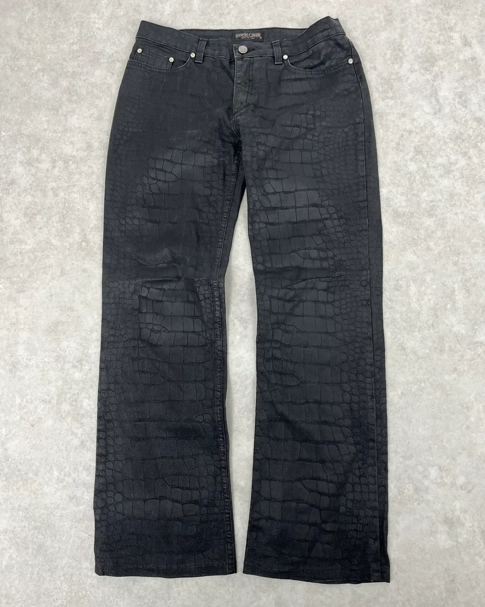 2000s Roberto Cavalli Black Waxed Crocodile Effect Pants