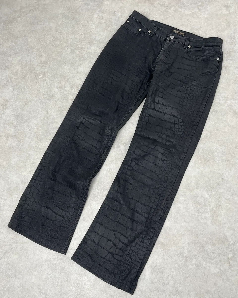 2000s Roberto Cavalli Black Waxed Crocodile Effect Pants - Image 5