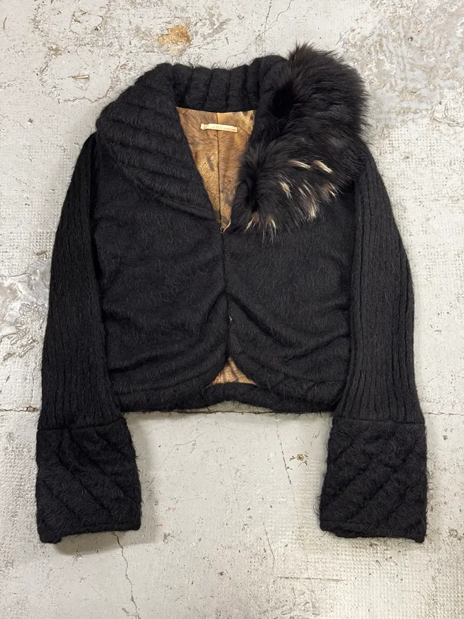 2000s Roberto Cavalli Black Wool Quilted Fox Fur Collar Cardigan