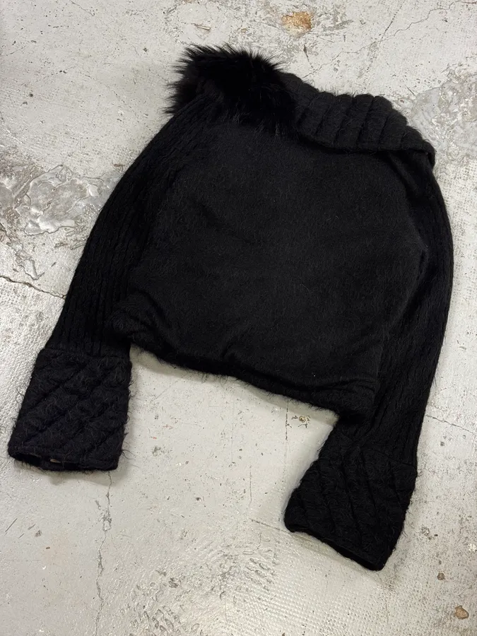 2000s Roberto Cavalli Black Wool Quilted Fox Fur Collar Cardigan - Image 10