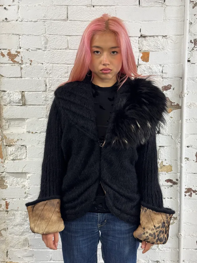 2000s Roberto Cavalli Black Wool Quilted Fox Fur Collar Cardigan - Image 2