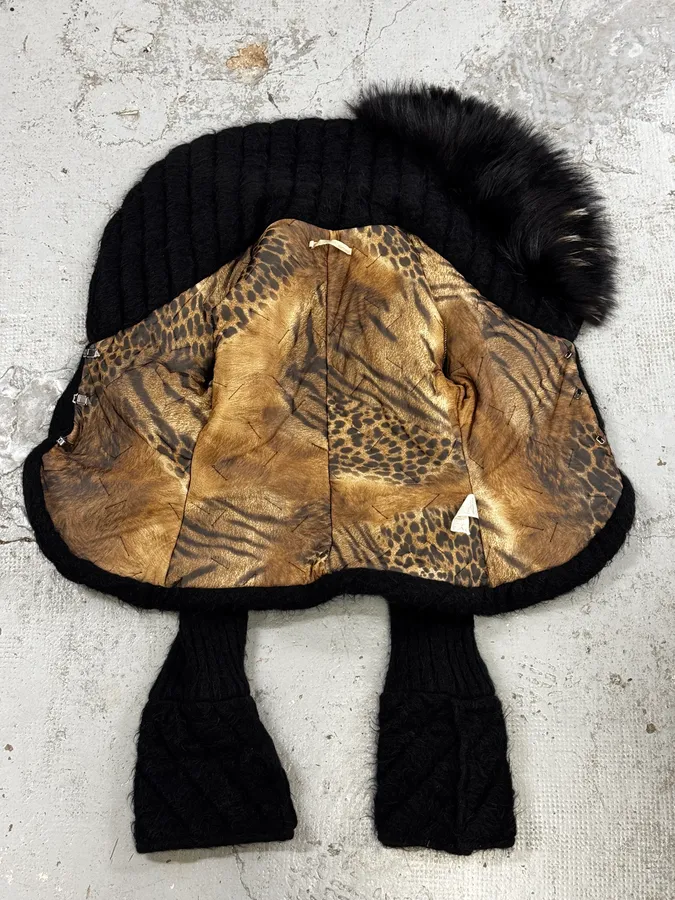2000s Roberto Cavalli Black Wool Quilted Fox Fur Collar Cardigan - Image 4