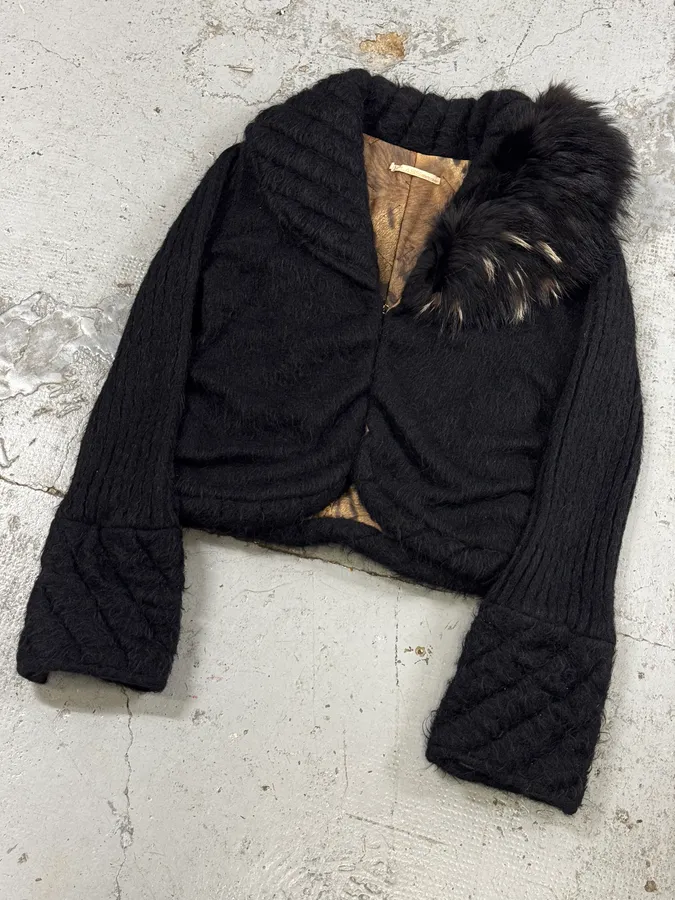 2000s Roberto Cavalli Black Wool Quilted Fox Fur Collar Cardigan - Image 5