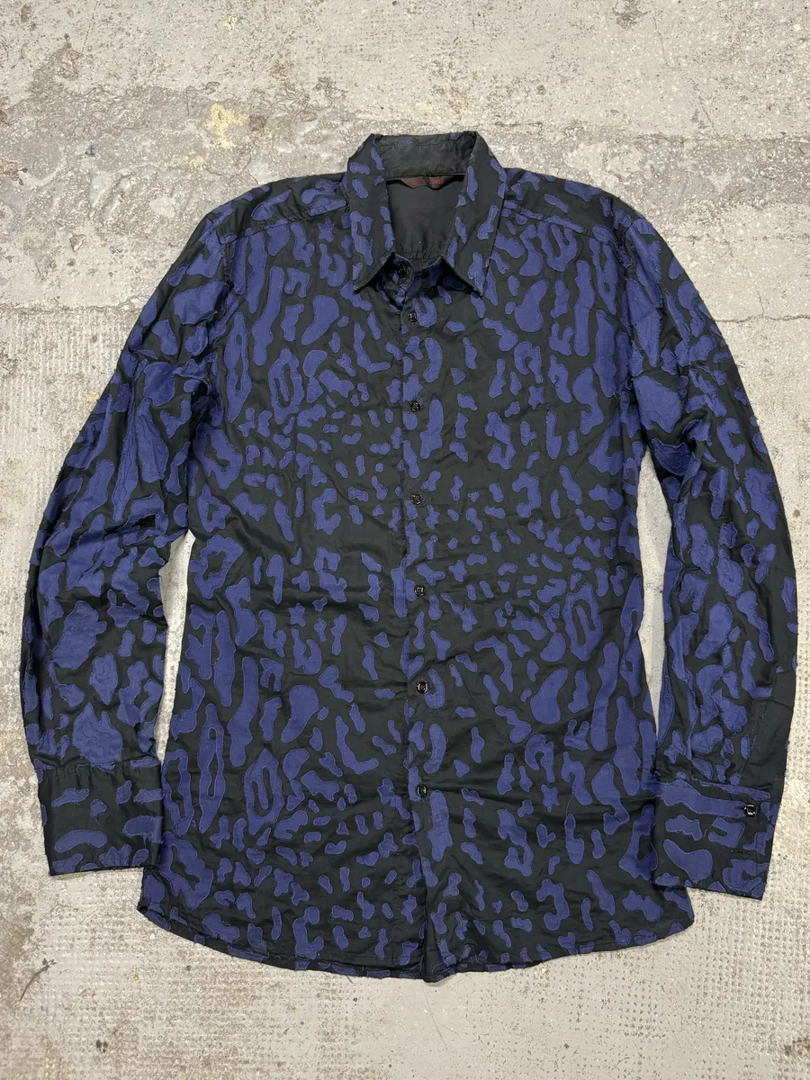 2000s Roberto Cavalli Blue Geometrical Patchwork Black Shirt - Image 3