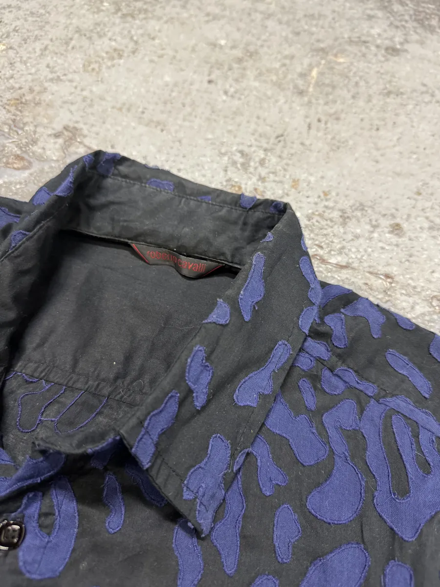 2000s Roberto Cavalli Blue Geometrical Patchwork Black Shirt - Image 9