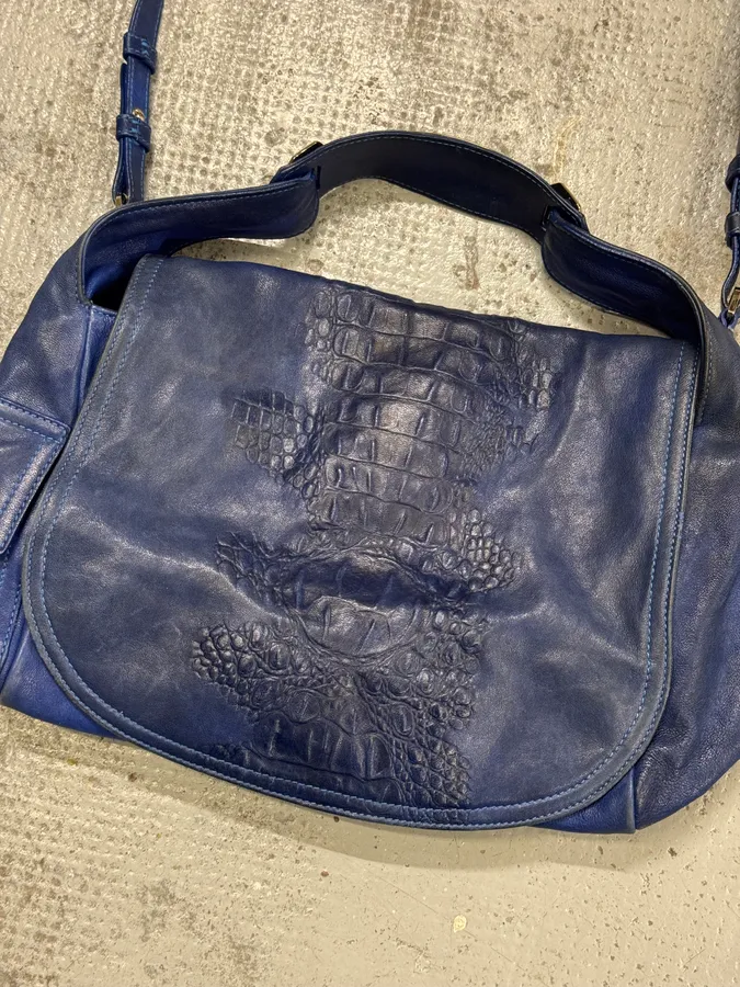 2000s Roberto Cavalli Blue Leather Crocodile Effect Handle Bag - Image 5