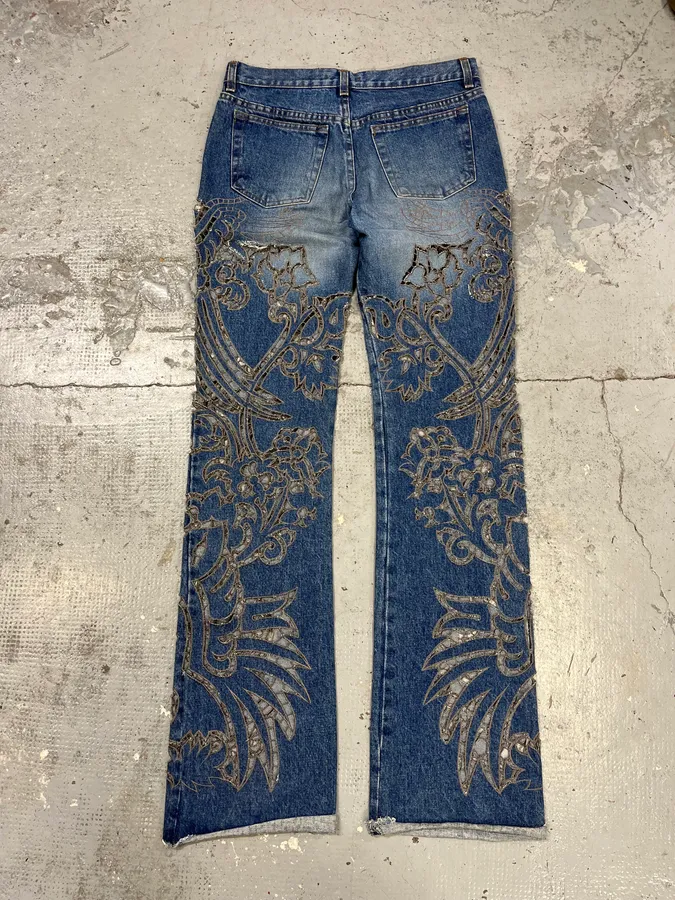 2000s Roberto Cavalli Blue Royal Lazer Cut Denim Jeans - Image 5