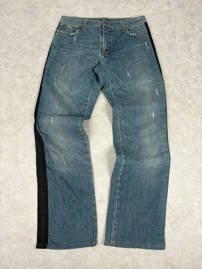 2000s Roberto Cavalli Blue Straight Contrast Side Stripe Denim Jeans
