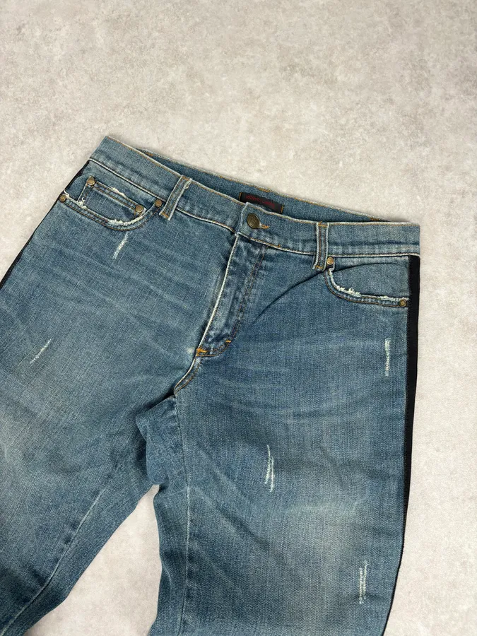2000s Roberto Cavalli Blue Straight Contrast Side Stripe Denim Jeans - Image 5