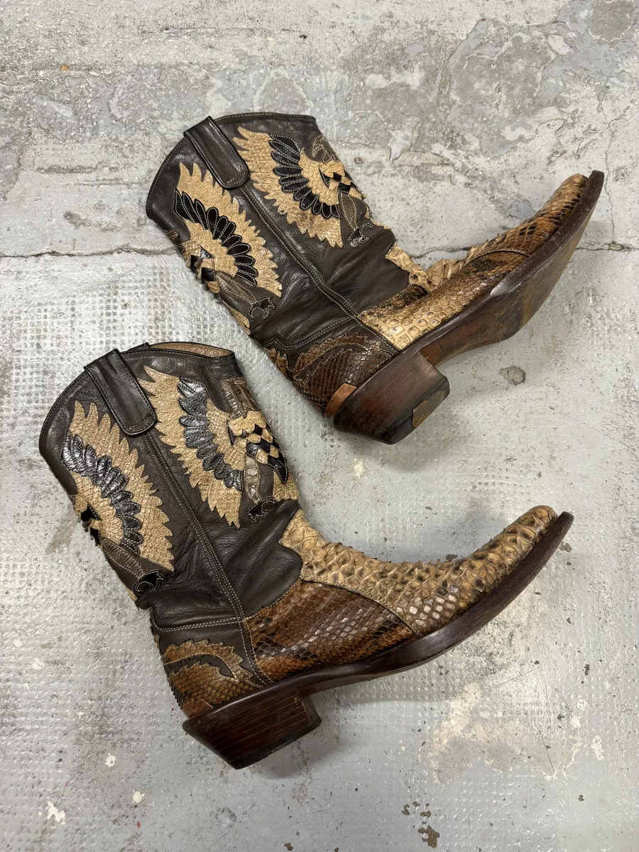 2000s Roberto Cavalli Brown & Beige Ankle Western Python Leather Boots - Image 4