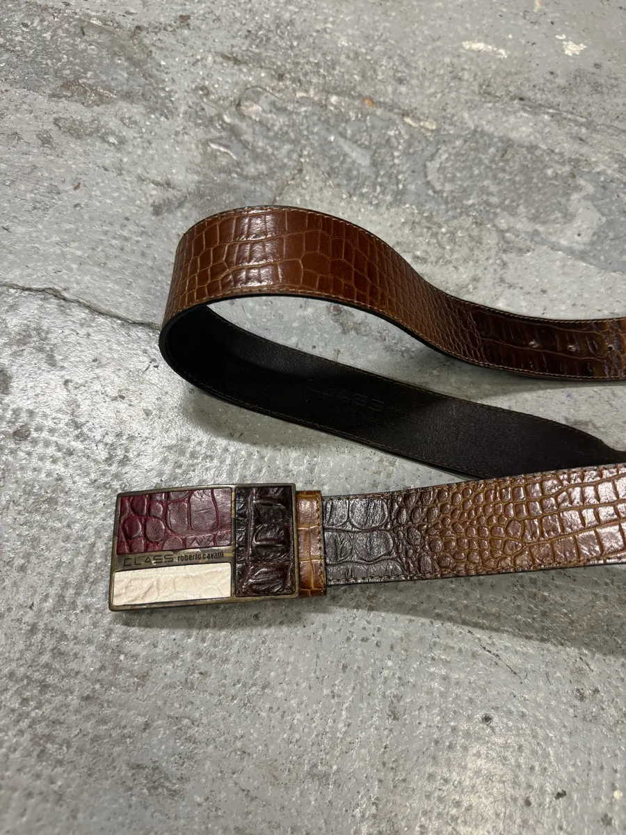 2000s Roberto Cavalli Brown Faded Crocodile Effect Pattern Leather Belt - Image 6