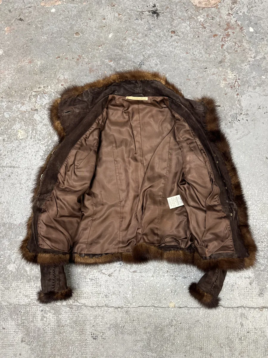 2000s Roberto Cavalli Brown Fur Asymmetrical Collar Jacket - Image 11
