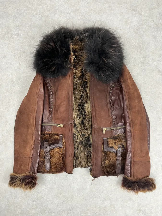 2000s Roberto Cavalli Brown Fur Leather Jacket - Image 4