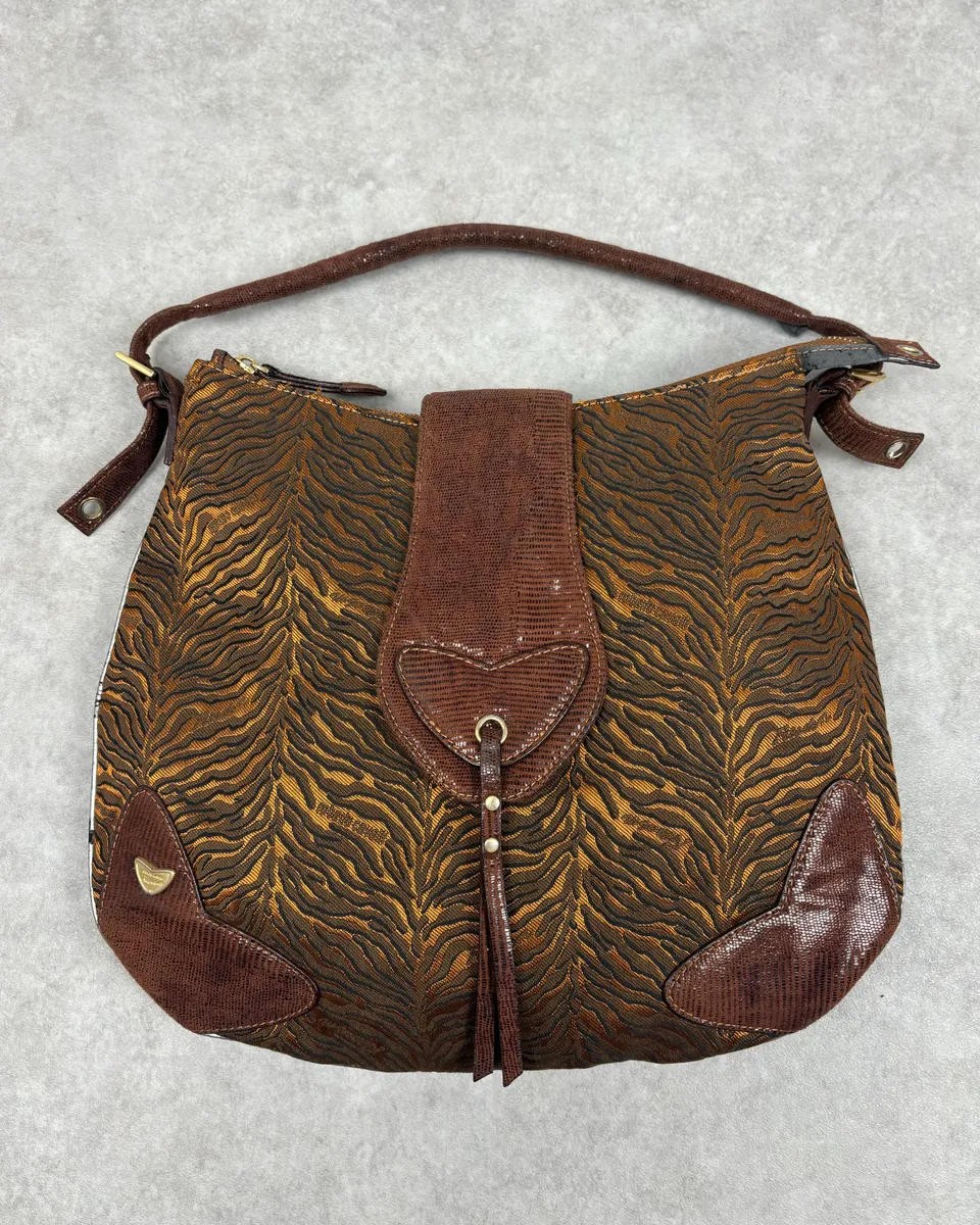 2000s Roberto Cavalli Brown Leather Tiger Embossed Shoulder Bag