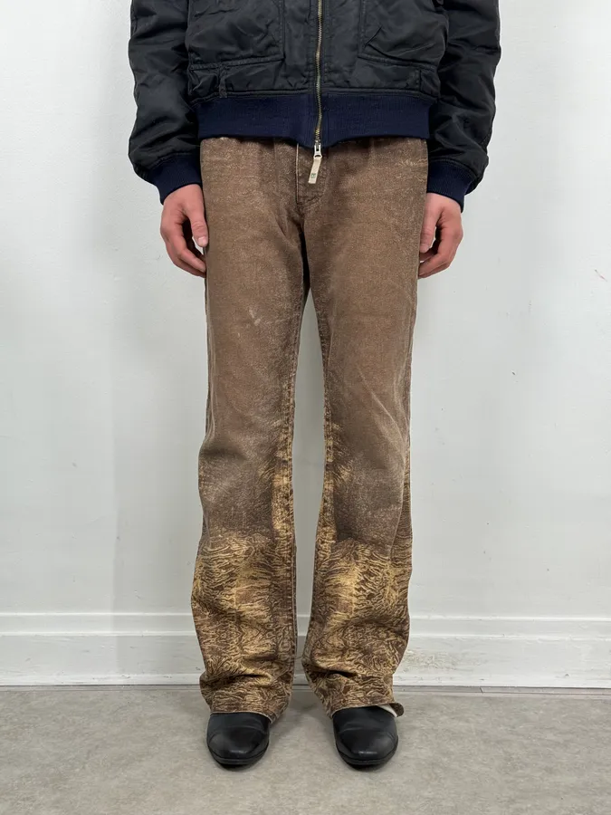 2000s Roberto Cavalli Brown Sand Eroded Flared Jeans - Image 2