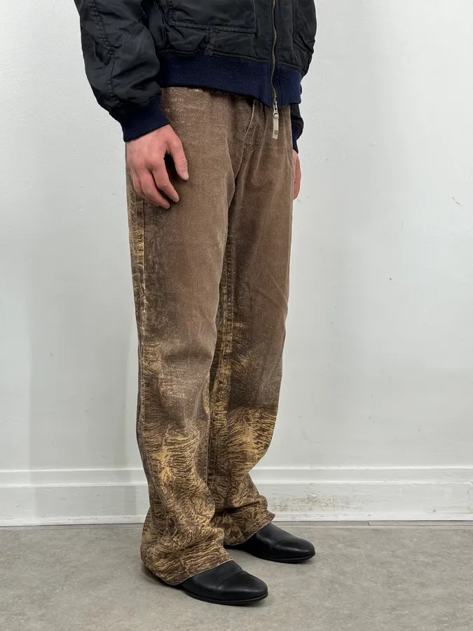 2000s Roberto Cavalli Brown Sand Eroded Flared Jeans - Image 3