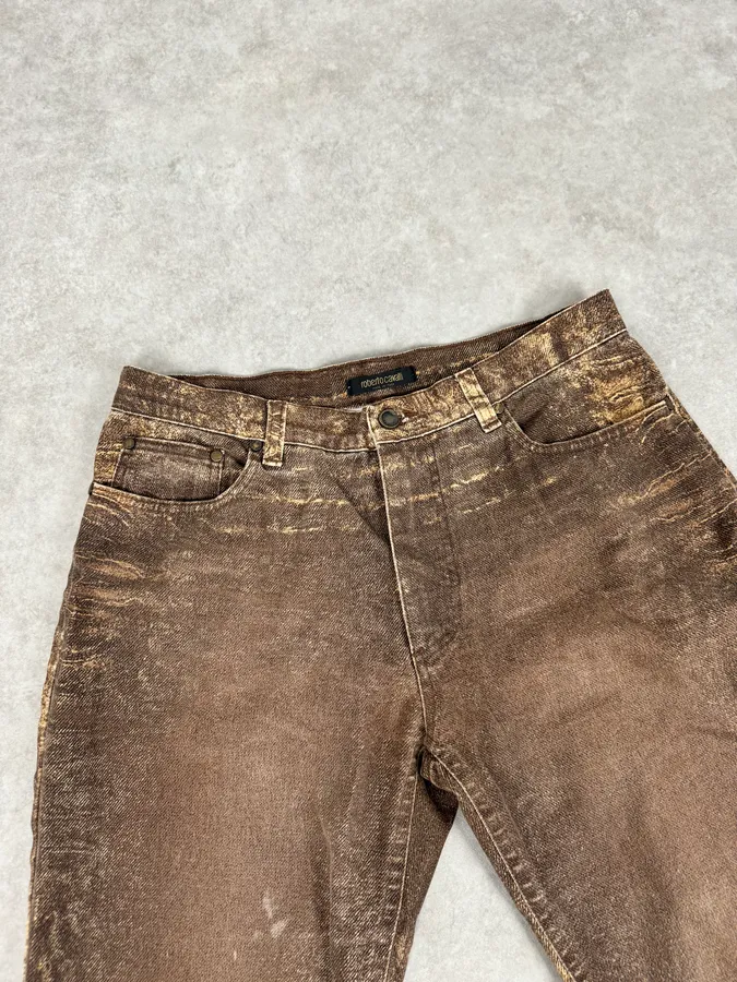 2000s Roberto Cavalli Brown Sand Eroded Flared Jeans - Image 6