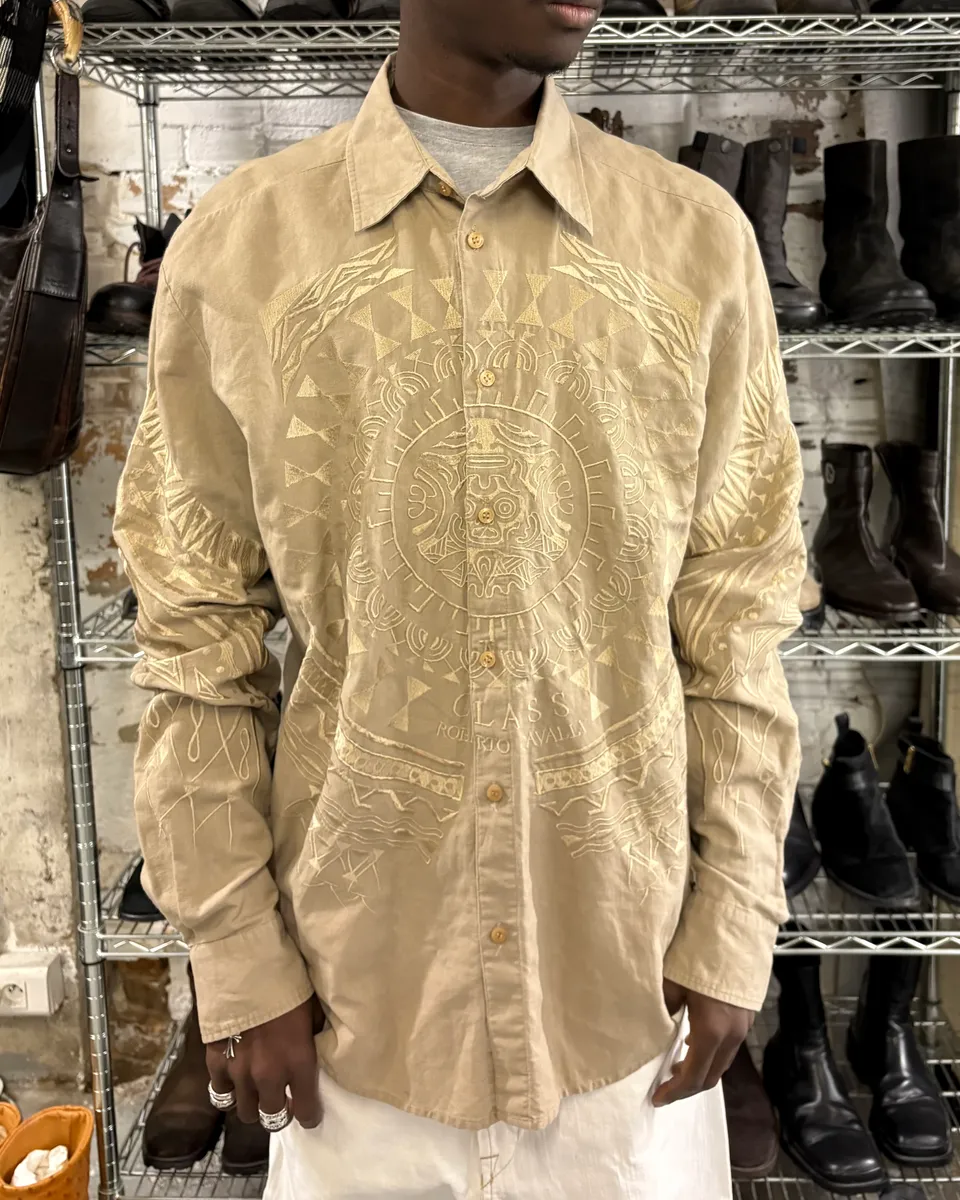 2000s Roberto Cavalli Class Beige Embroidered Astro Shirt - Image 2