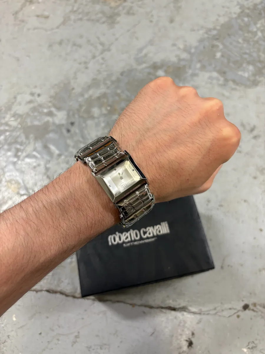 2000s Roberto Cavalli Crocodile Grey Tank Watch