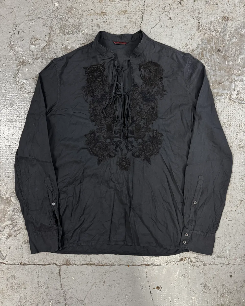 2000s Roberto Cavalli Embroided Black Linen Shirt