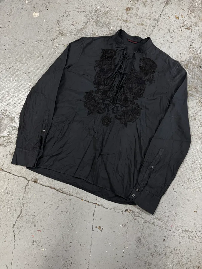 2000s Roberto Cavalli Embroided Black Linen Shirt - Image 2