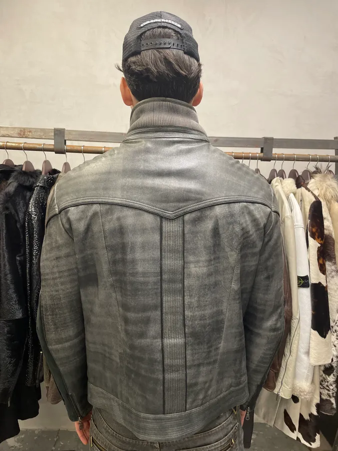 2000s Roberto Cavalli Eroded Grey Marble Effect Premium Leather Jacket - Image 3