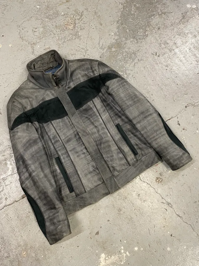 2000s Roberto Cavalli Eroded Grey Marble Effect Premium Leather Jacket - Image 4