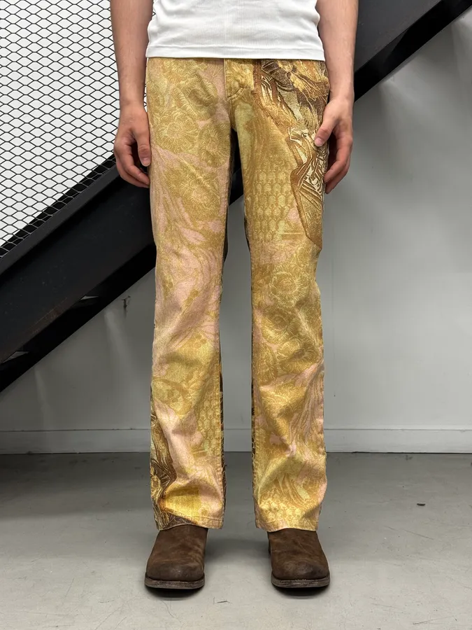 2000s Roberto Cavalli Flowered Pattern Gold & Pink Pants