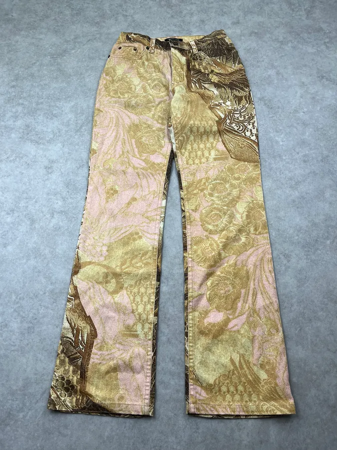 2000s Roberto Cavalli Flowered Pattern Gold & Pink Pants - Image 4