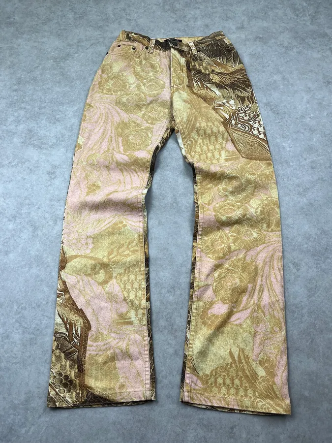 2000s Roberto Cavalli Flowered Pattern Gold & Pink Pants - Image 6