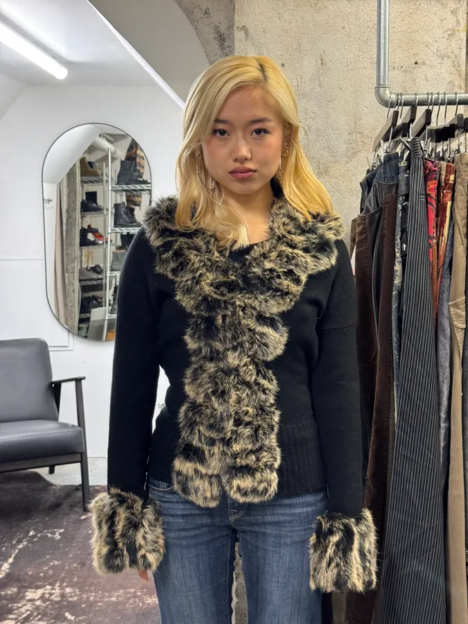 2000s Roberto Cavalli Fur Black Wool Cardigan - Image 2