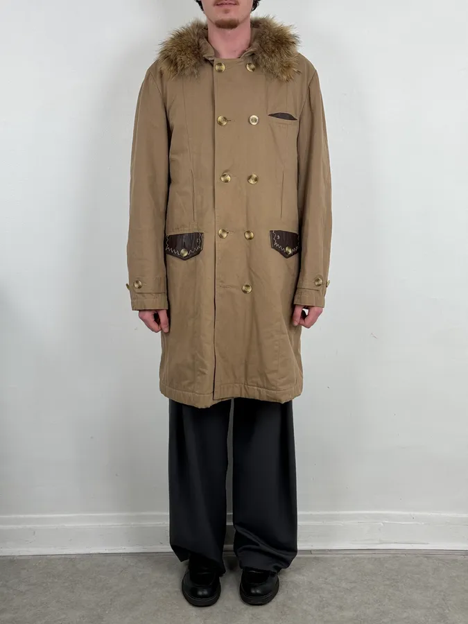 2000s Roberto Cavalli Fur Collar Beige Long Jacket - Image 2