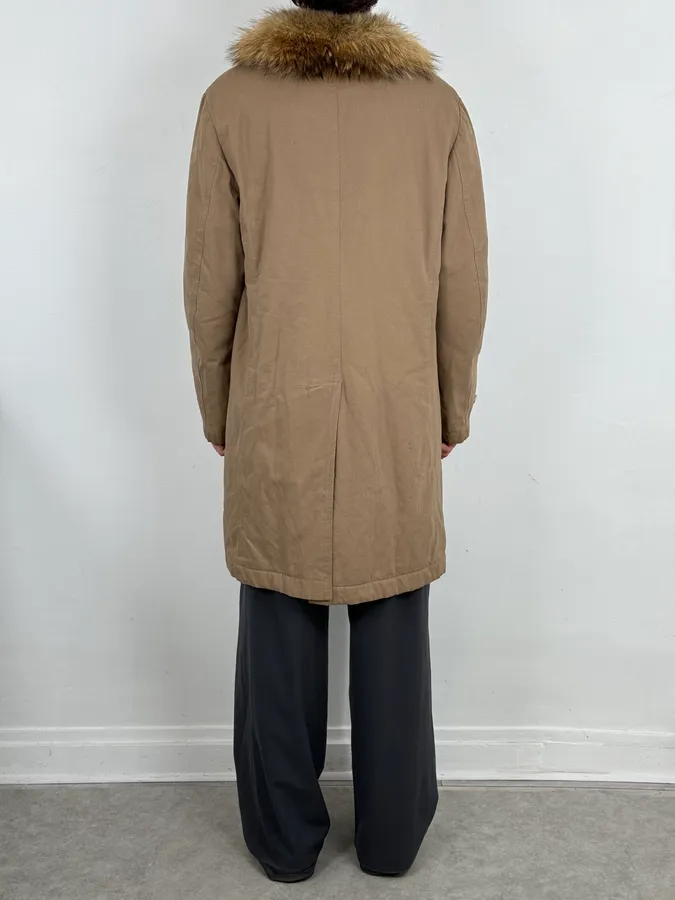 2000s Roberto Cavalli Fur Collar Beige Long Jacket - Image 3