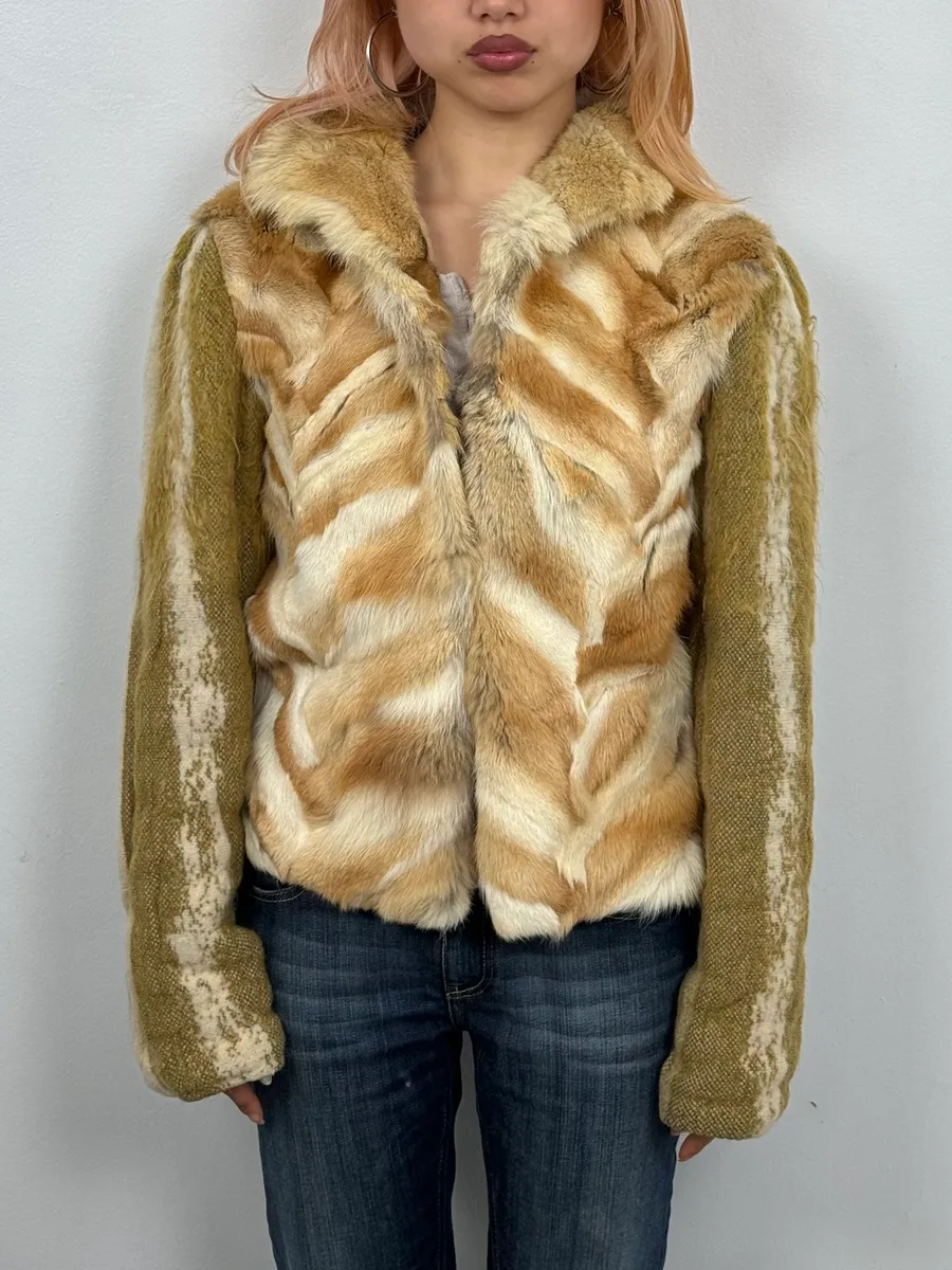 2000s Roberto Cavalli Fur Mohair Wool Beige Jacket - Image 2