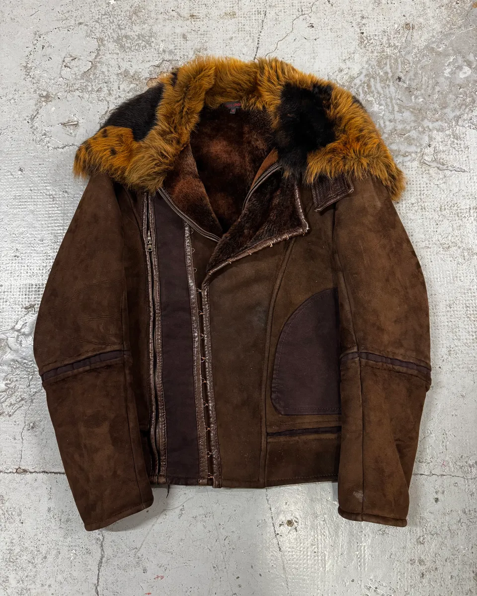 2000s Roberto Cavalli Fur Shearling Brown Leather Jacket
